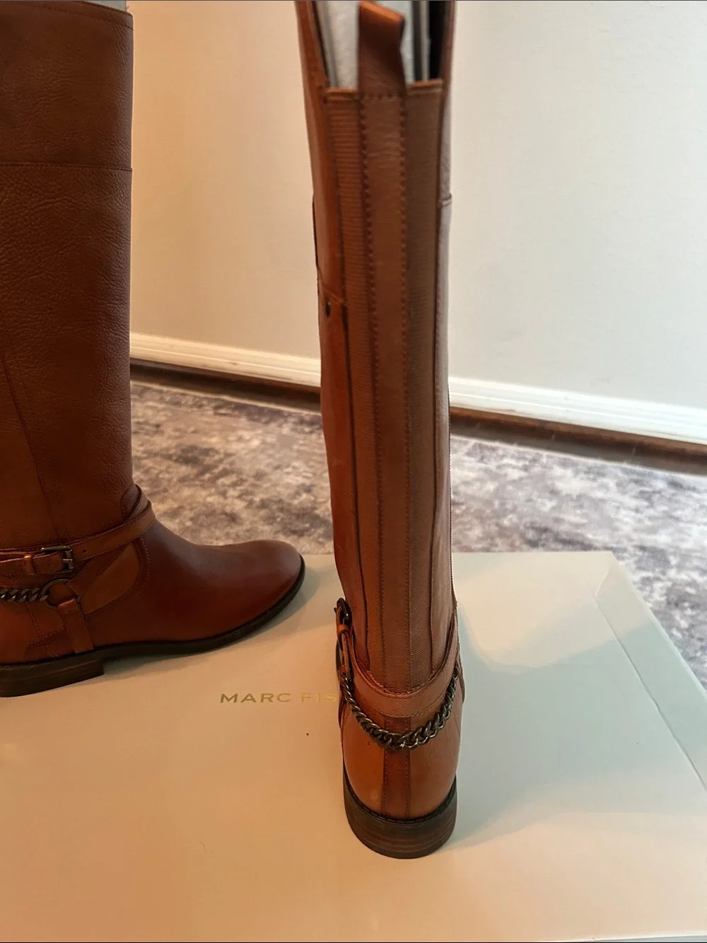 Marc Fisher Tall Riding Boots with Ankle Chain Detail in Cognac